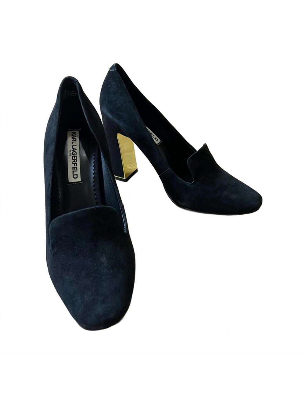 Karl Lagerfeld Black‎ and Gold Block Heels Size 7.5